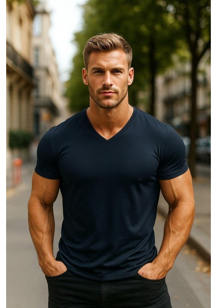 Erkek %100 Pamuk Kısa Kollu Lacivert T-Shirt V Yaka Basic Erkek Tişört fiyatları