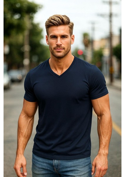 Erkek %100 Pamuk Kısa Kollu Lacivert T-Shirt V Yaka Basic Erkek Tişört modelleri