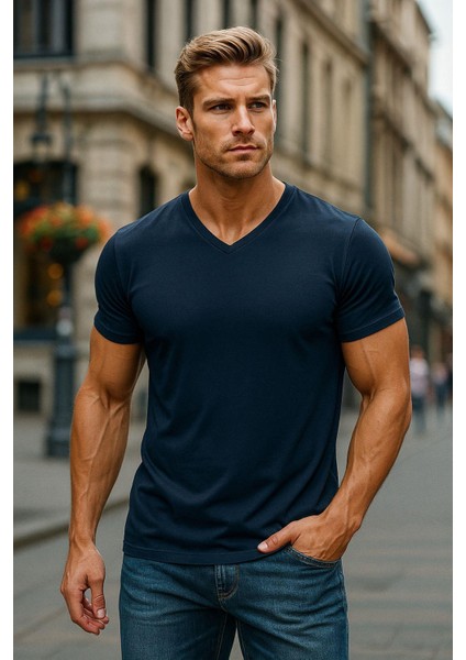 Erkek %100 Pamuk Kısa Kollu Lacivert T-Shirt V Yaka Basic Erkek Tişört fırsatları
