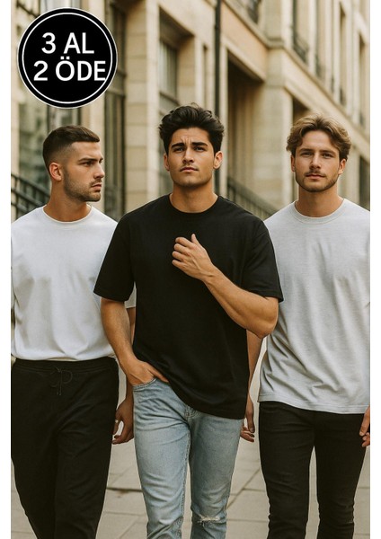 Erkek 3'lü Paket Siyah-Beyaz-Gri Melanj Pamuklu Oversize Tişört Bisiklet Yaka Kısa Kollu T-Shirt fiyatları