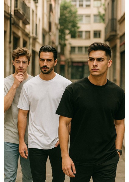 Erkek 3'lü Paket Siyah-Beyaz-Gri Melanj Pamuklu Oversize Tişört Bisiklet Yaka Kısa Kollu T-Shirt modelleri