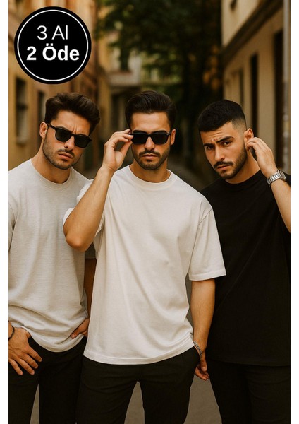 Erkek 3'lü Paket Siyah-Beyaz-Gri Melanj Pamuklu Oversize Tişört Bisiklet Yaka Kısa Kollu T-Shirt fırsatları