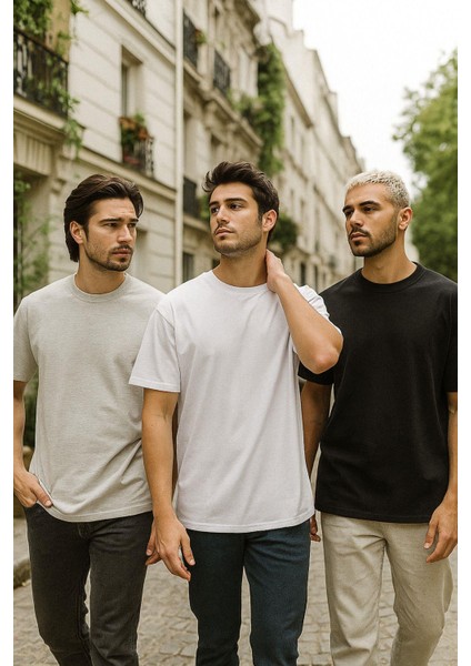 Erkek 3'lü Paket Siyah-Beyaz-Gri Melanj Pamuklu Oversize Tişört Bisiklet Yaka Kısa Kollu T-Shirt indirimleri