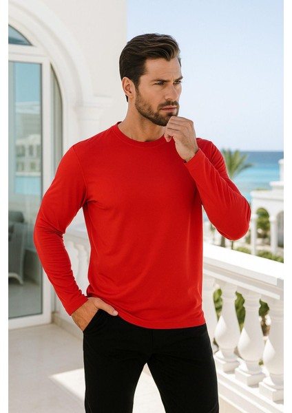 Erkek Uzun Kollu Bisiklet Yaka Tişört - %100 Pamuk Basic Relaxed T-Shirt fiyatları