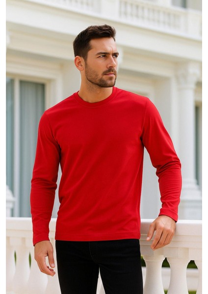 Erkek Uzun Kollu Bisiklet Yaka Tişört - %100 Pamuk Basic Relaxed T-Shirt modelleri