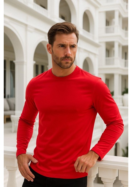 Erkek Uzun Kollu Bisiklet Yaka Tişört - %100 Pamuk Basic Relaxed T-Shirt indirimleri