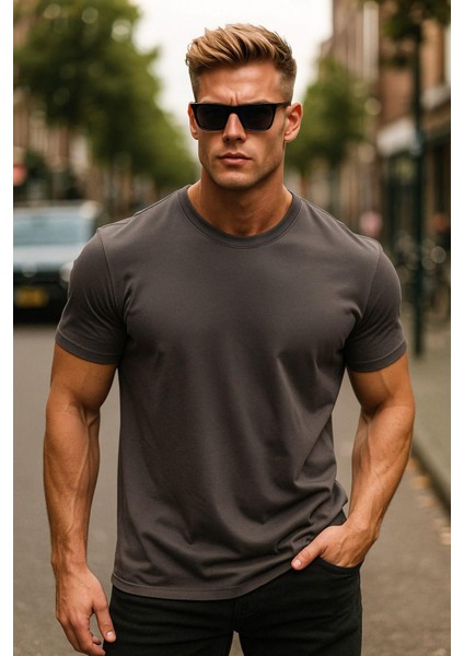 Erkek %100 Pamuk Oversize Tişört Basic Bisiklet Yaka Kısa Kollu T-Shirt