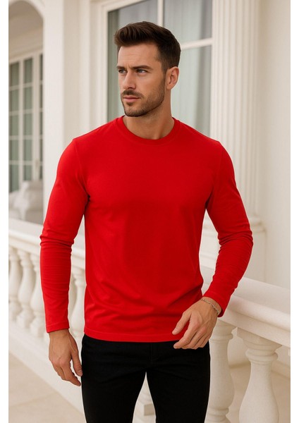 Erkek Uzun Kollu Bisiklet Yaka Tişört - %100 Pamuk Basic Relaxed T-Shirt fırsatları