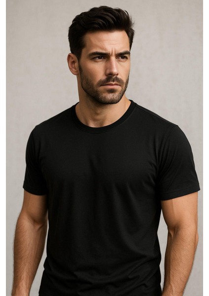 Erkek %100 Pamuk Slim Fit Sporcu Tişört Basic Bisiklet Yaka Kısa Kollu T-Shirt