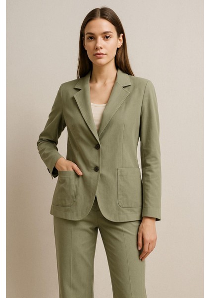 Kadın Haki Takım Elbise - Ceket ve Yüksek Bel Pantolon Ikili Takım