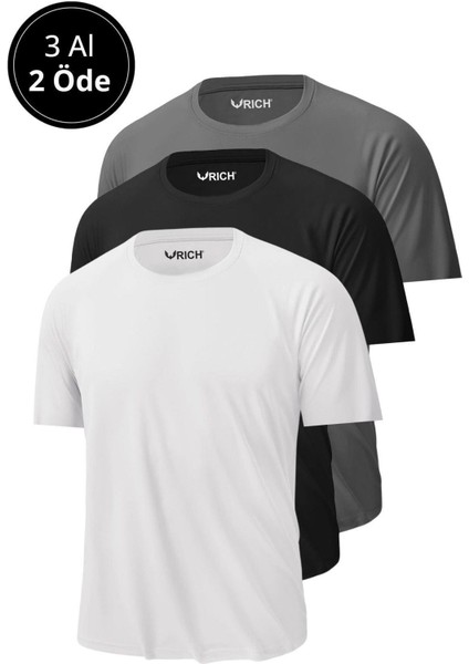 Erkek 3'lü Paket %100 Pamuk Slim Fit Sporcu Tişört Basic Bisiklet Yaka Kısa Kollu T-Shirt