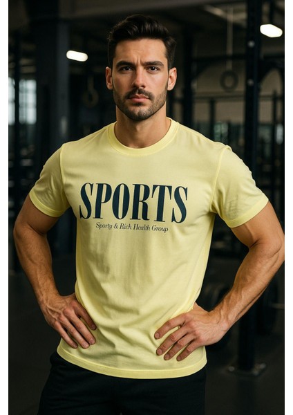 Erkek Sarı Basic T-Shirt Baskılı Slim Fit %100 Pamuk Tişört