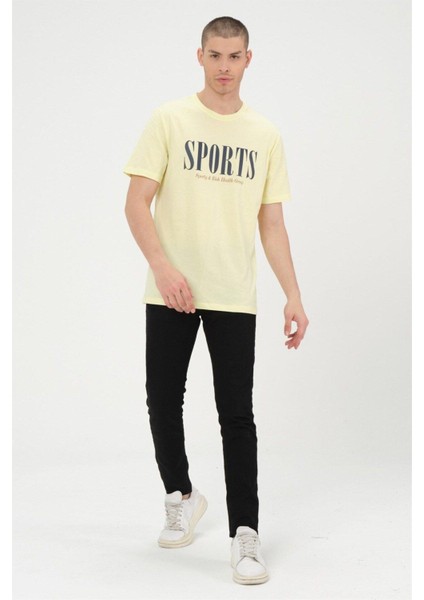 Erkek Sarı Basic T-Shirt Baskılı Slim Fit %100 Pamuk Tişört modelleri