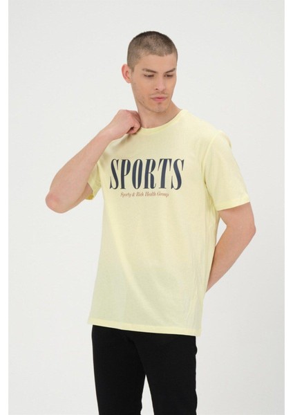 Erkek Sarı Basic T-Shirt Baskılı Slim Fit %100 Pamuk Tişört fırsatları
