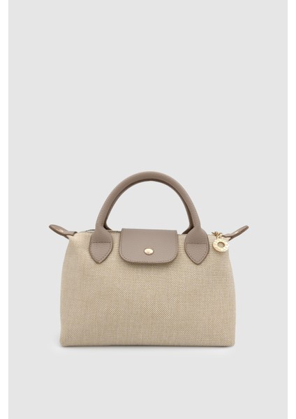 Neylo Fermuar ve Mıknatıs Kapamalı Keten Çapraz Askılı El Çantası Krem Vizon