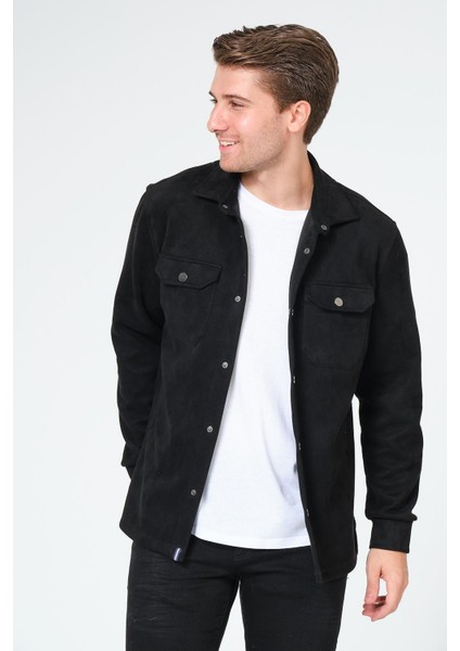 Siyah Erkek Süet Gömlek Tişört Üstü Kalın Gömlek