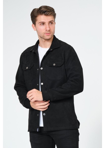 Siyah Erkek Süet Gömlek Tişört Üstü Kalın Gömlek modelleri