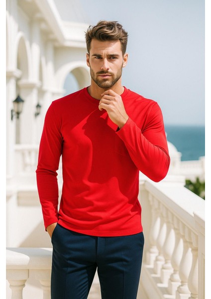 Erkek Uzun Kollu Bisiklet Yaka Tişört - %100 Pamuk Basic Relaxed T-Shirt