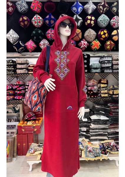 Uygur Kanaviçe Desenli Kapüşonlu Penye Kadın Tunik