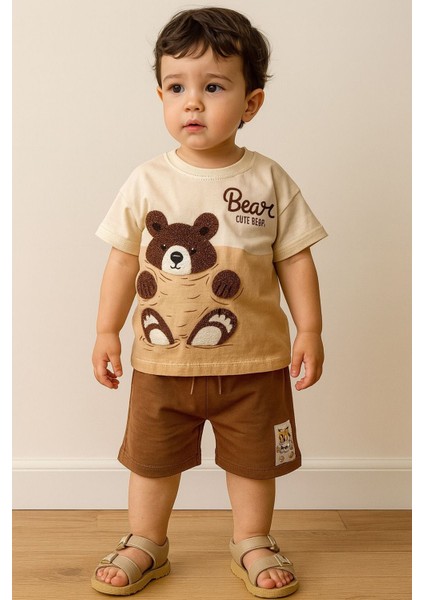 Bear Panç Işleme Detaylı Erkek Çocuk şortlu takım - Kahve