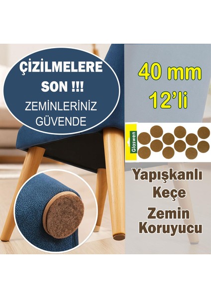 Yapışkanlı Yuvarlak Keçe Masa Sandalye Parke Zemin Ayak Koruyucu Kaydırmaz Keçesi 40 mm (12'li Paket)