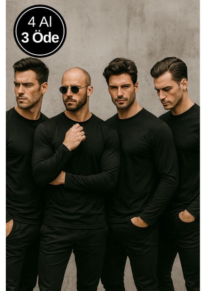 Erkek Siyah 4'lü Paket Basic Uzun Kollu Tişört Sporcu Body T-Shirt