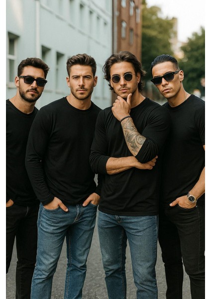 Erkek Siyah 4'lü Paket Basic Uzun Kollu Tişört Sporcu Body T-Shirt modelleri