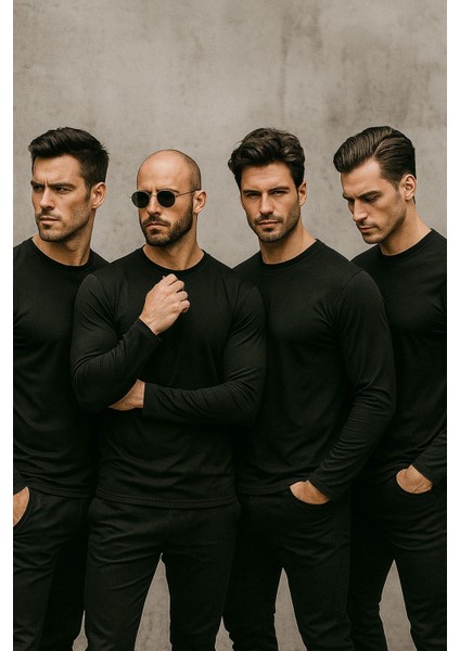 Erkek Siyah 4'lü Paket Basic Uzun Kollu Tişört Sporcu Body T-Shirt fırsatları