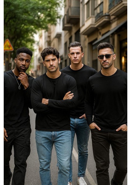 Erkek Siyah 4'lü Paket Basic Uzun Kollu Tişört Sporcu Body T-Shirt indirimleri