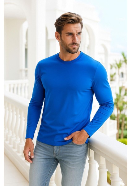 Erkek Uzun Kollu Bisiklet Yaka Tişört - %100 Pamuk Basic Relaxed T-Shirt