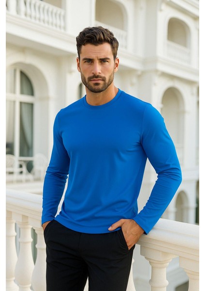 Erkek Uzun Kollu Bisiklet Yaka Tişört - %100 Pamuk Basic Relaxed T-Shirt fiyatları