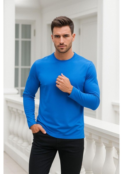 Erkek Uzun Kollu Bisiklet Yaka Tişört - %100 Pamuk Basic Relaxed T-Shirt fırsatları