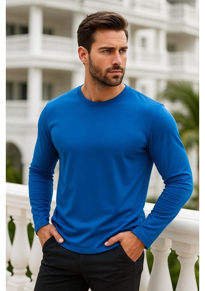 Erkek Uzun Kollu Bisiklet Yaka Tişört - %100 Pamuk Basic Relaxed T-Shirt indirimleri