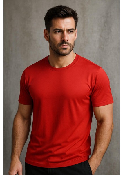Erkek %100 Pamuk Slim Fit Sporcu Tişört Basic Bisiklet Yaka Kısa Kollu T-Shirt