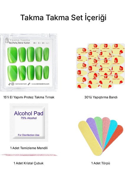 15'li Yeşil Orta Kare TT1300 Tekrar Kullanılabilir El Yapımı Protez Takma Tırnak - Yeşil-XS indirimleri