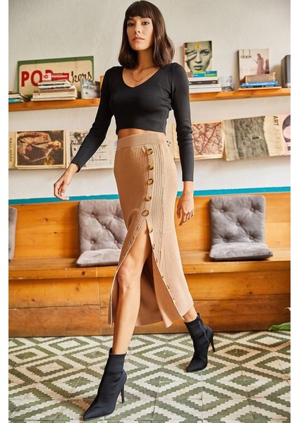 Kadın Yandan Açılabilir Düğmeli Yüksek Bel Triko Etek TD4000 fiyatları