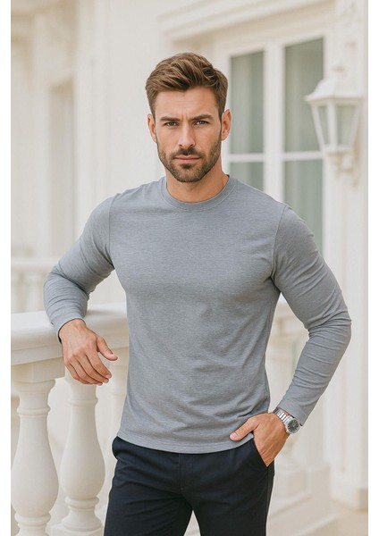 Erkek Uzun Kollu Bisiklet Yaka Tişört - %100 Pamuk Basic Relaxed T-Shirt fiyatları