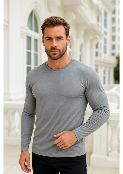 Erkek Uzun Kollu Bisiklet Yaka Tişört - %100 Pamuk Basic Relaxed T-Shirt modelleri