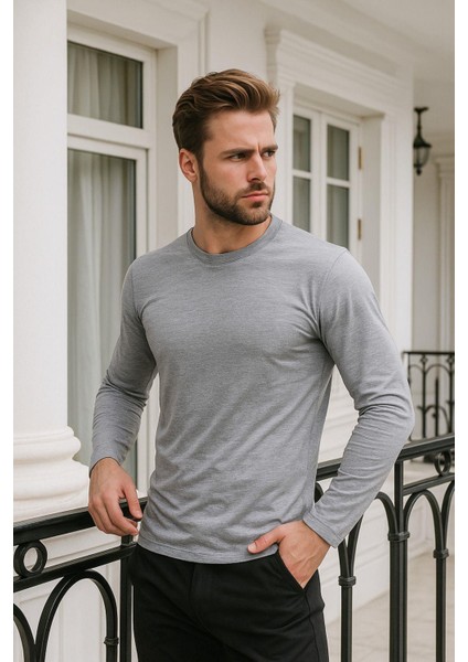 Erkek Uzun Kollu Bisiklet Yaka Tişört - %100 Pamuk Basic Relaxed T-Shirt fırsatları