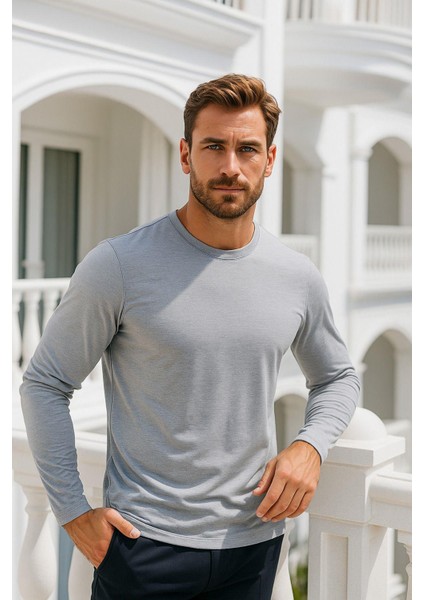 Erkek Uzun Kollu Bisiklet Yaka Tişört - %100 Pamuk Basic Relaxed T-Shirt indirimleri