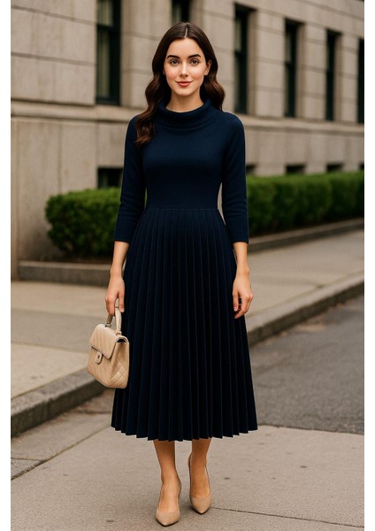 Kadın Siyah Pileli Midi Elbise - Boğazlı, Uzun Kollu, Şık ve Rahat Tasarım, Yeni Sezon Trend