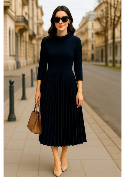 Kadın Siyah Pileli Midi Elbise - Boğazlı, Uzun Kollu, Şık ve Rahat Tasarım, Yeni Sezon Trend fiyatları