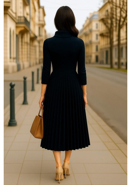 Kadın Siyah Pileli Midi Elbise - Boğazlı, Uzun Kollu, Şık ve Rahat Tasarım, Yeni Sezon Trend modelleri