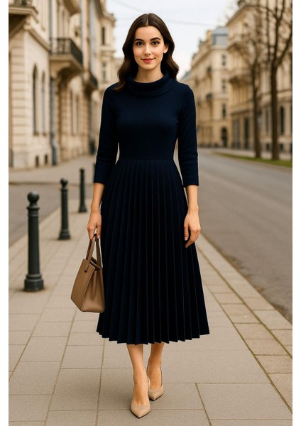 Kadın Siyah Pileli Midi Elbise - Boğazlı, Uzun Kollu, Şık ve Rahat Tasarım, Yeni Sezon Trend fırsatları