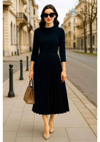 Kadın Siyah Pileli Midi Elbise - Boğazlı, Uzun Kollu, Şık ve Rahat Tasarım, Yeni Sezon Trend indirimleri