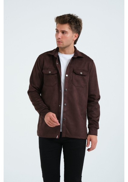 Kahverengi Erkek Süet Gömlek Tişört Üstü Kalın Gömlek Ceket