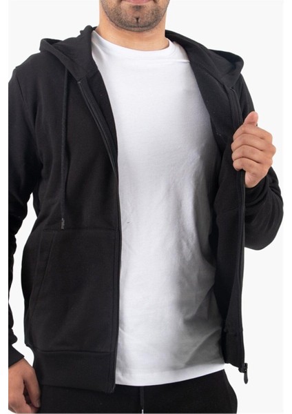 Şardonlu Fermuarlı Kapüşonlu Siyah Sweatshirt Polar Hırka