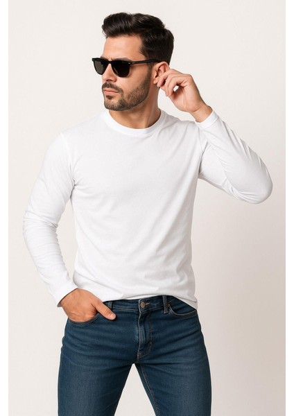 Erkek Bisiklet Yaka Beyaz Body %100 Pamuk Uzun Kollu Tişört Erkek Düz T-Shirt modelleri