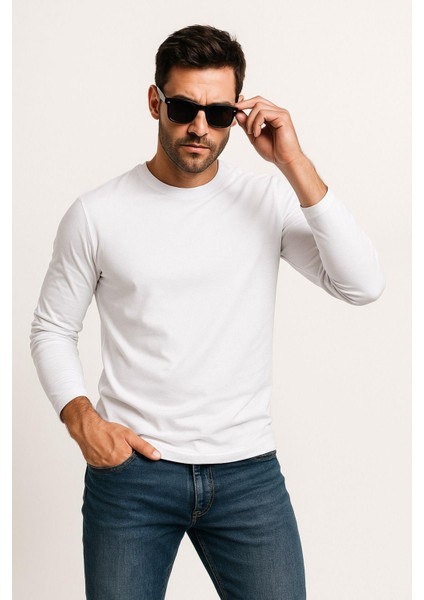 Erkek Bisiklet Yaka Beyaz Body %100 Pamuk Uzun Kollu Tişört Erkek Düz T-Shirt indirimleri