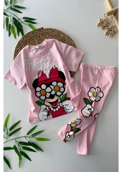 Papatya Panç Işleme Detaylı Mnn Kız Çocuk taytlı takım - Pembe